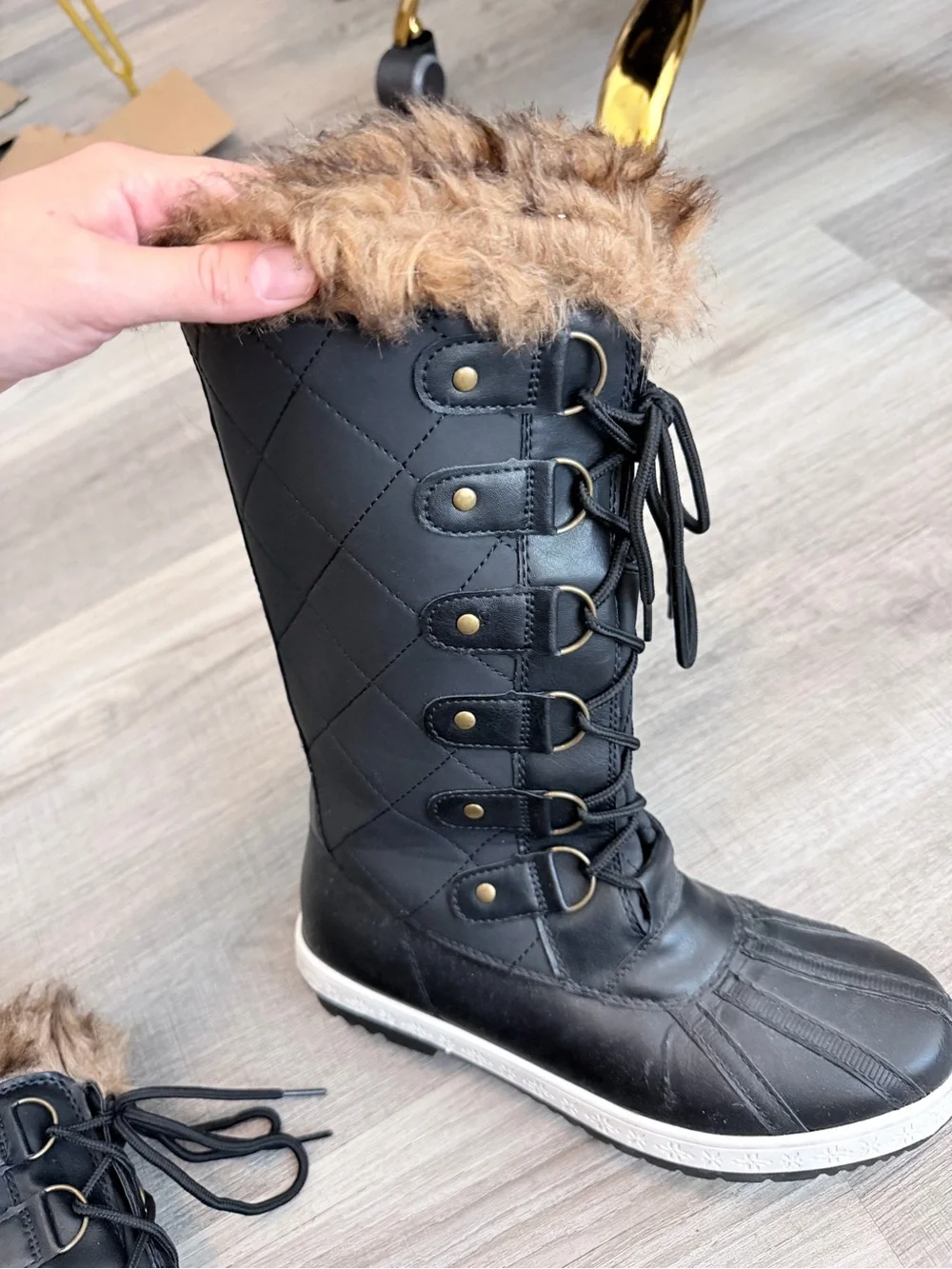 Black Quilted Faux-Fur Winter Boots - Women's Lace-Up Snow Boots
